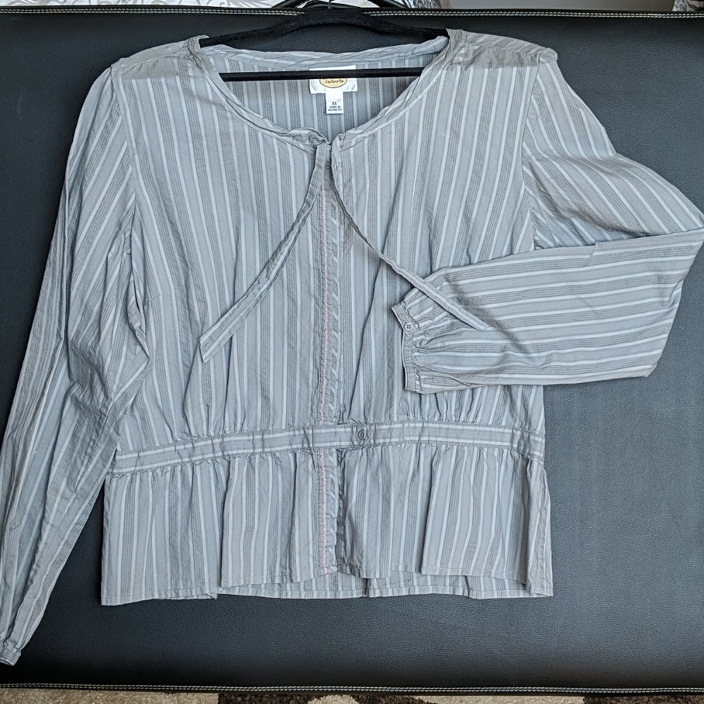 Gray striped button-down top, pink stitch detail